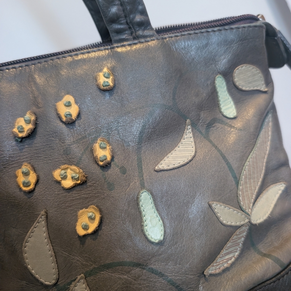 Radley Floral Appliqué Leather Hand Bag - Black Grey with Yellow Accents - Picture 4 of 11